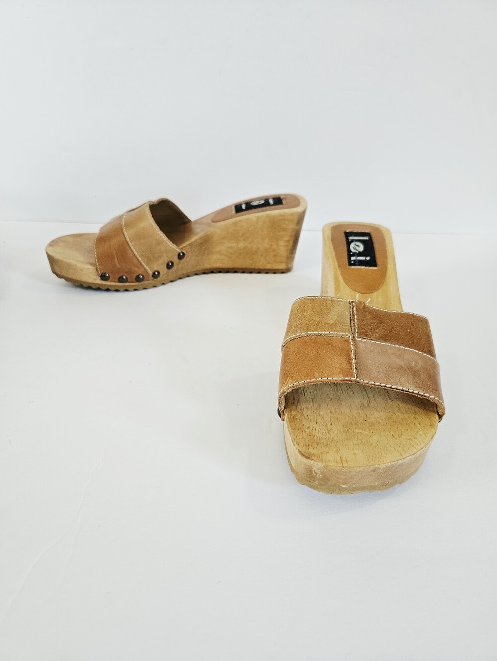 Vintage l.e.i. Wooden Diedra Platform Patchwork Leather Slip On Mule Sandals 8.5 - Picture 4 of 16